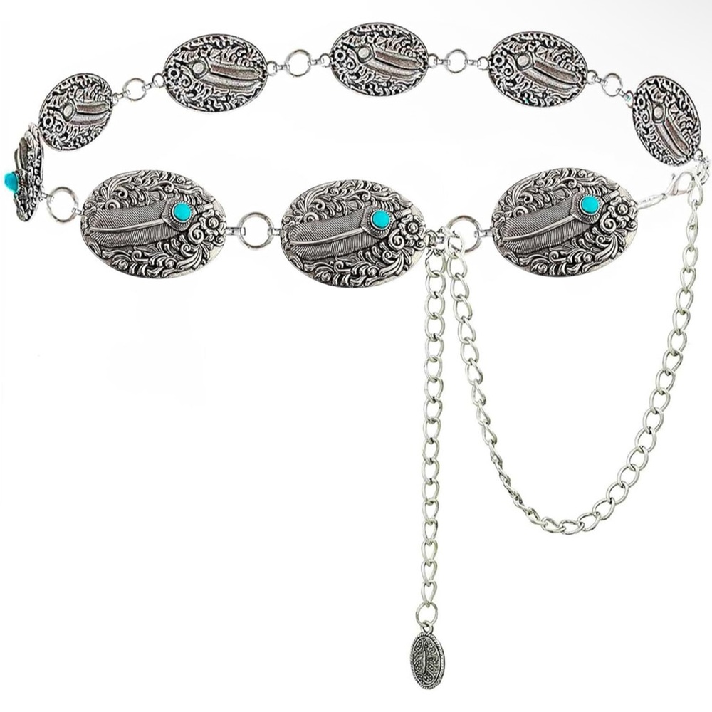 New Boho, Western Turquoise Accent Silver Concho Waist Belt Medium